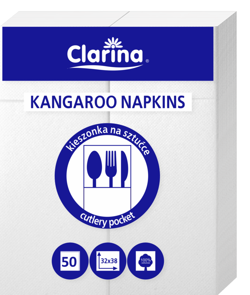 Serwetki kangurki z kieszonką na sztućce Clarina 2-warstwowe 32 x 38 zestaw 50 sztuk. | biuroweokazje.pl | Kup od razu!