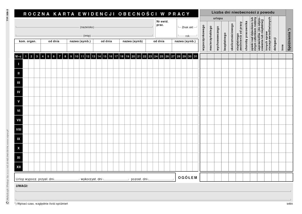Druk roczna karta ewidencji obecności w pracy M&P | biuroweokazje.pl | Zamów wygodnie!