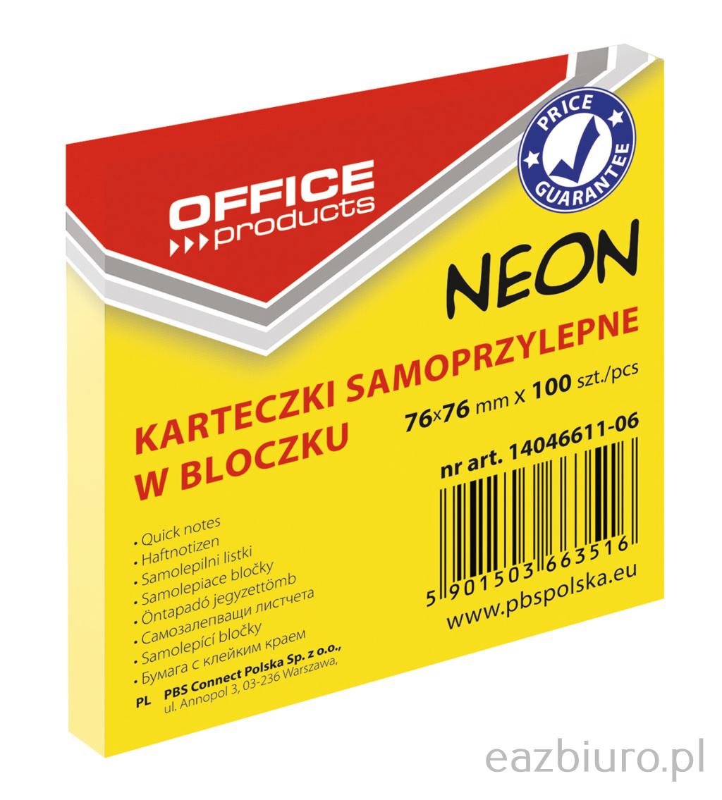 Bloczek samoprzylepny 76 x 76 mm neon żółty 100 kartek | biuroweokazje.pl | Zyskaj więcej!