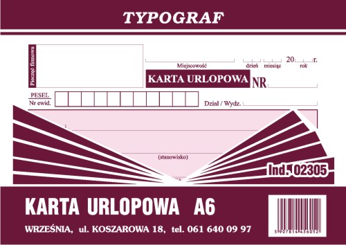 Druk karta urlopowa A6 offset Typograf | biuroweokazje.pl | Odbierz szybko!