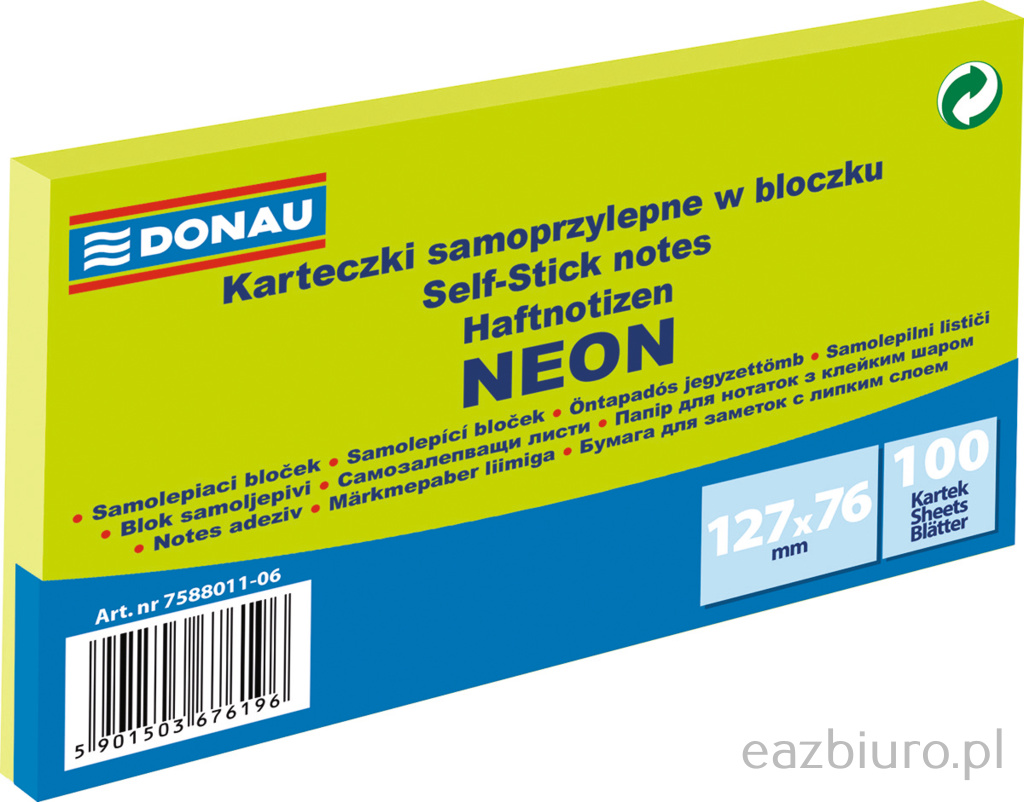 Bloczek samoprzylepny Donau 127 x 76 mm neon zielony 100 kartek | biuroweokazje.pl | Zamów rozsądnie!