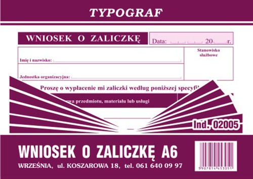 Druk wniosek o zaliczkę Typograf A6 | biuroweokazje.pl | Wybierz i kup!