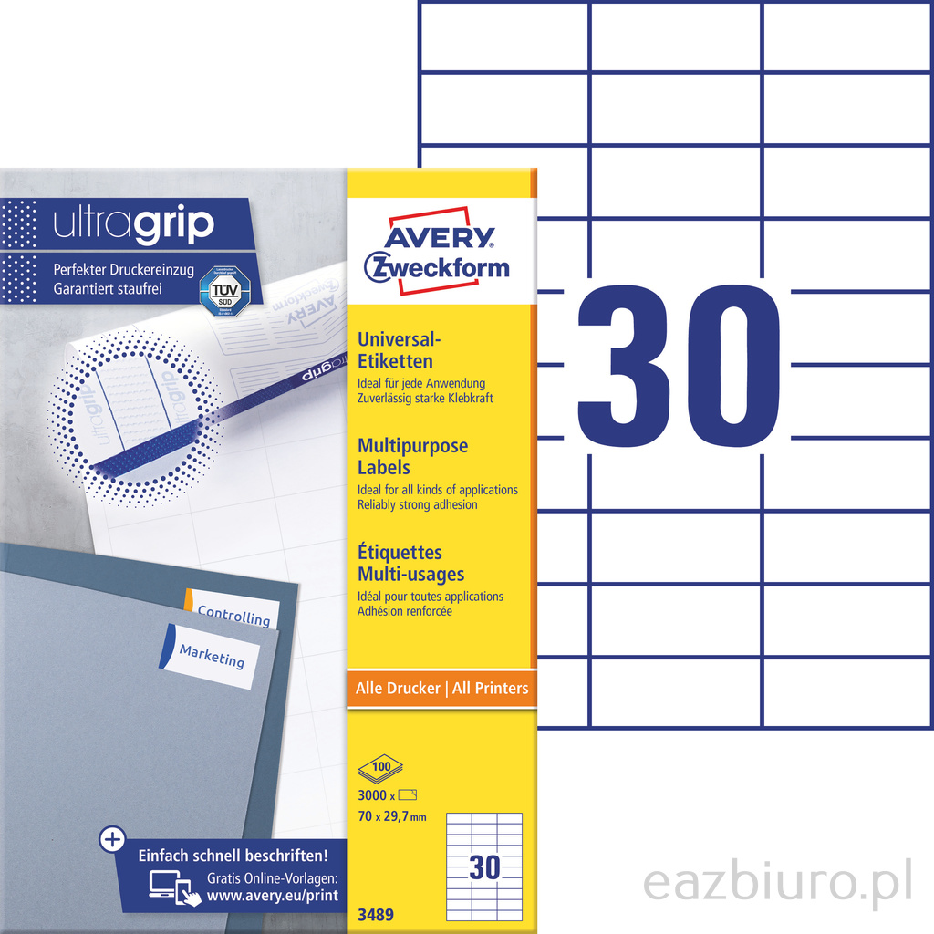 Etykiety Avery Zweckform uniwersalne zf-3489 70x29,7 zestaw 100 arkuszy | biuroweokazje.pl | Kup taniej!