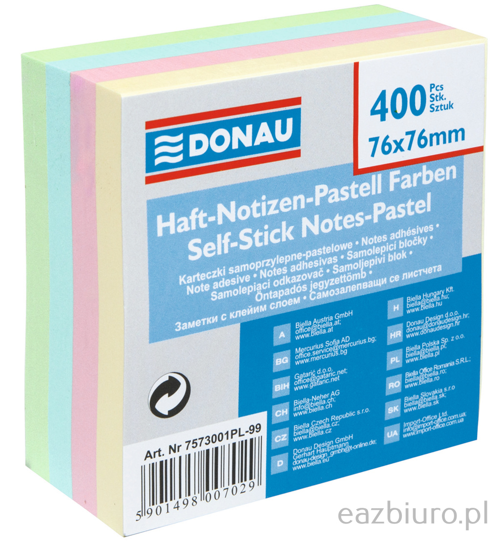 Bloczek samoprzylepny Donau 76 x 76 mm 400 kartek 4 kolory pastelowe | biuroweokazje.pl | Kliknij i kup!