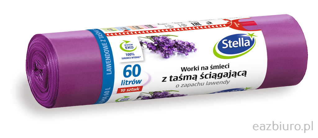 Worki na śmieci Stella, z taśmą ściągającą, zapach lawendy, 60 l, zestaw 10 sztuk | biuroweokazje.pl | Kup z rabatem!