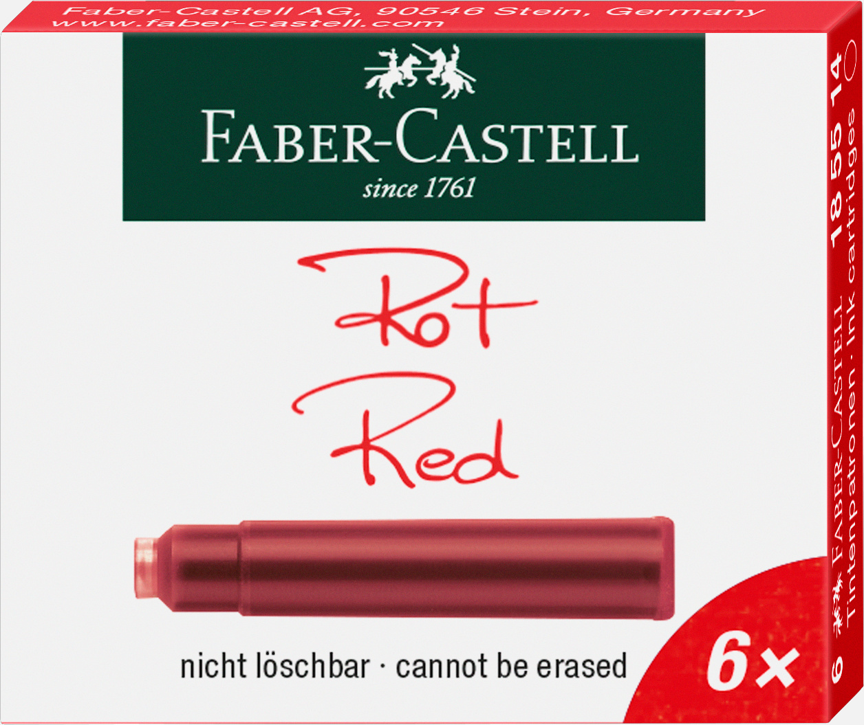 Naboje atramentowe krótkie czerwone zestaw 6 sztuk kartonik Faber-Castell | biuroweokazje.pl | Zamów błyskawicznie!