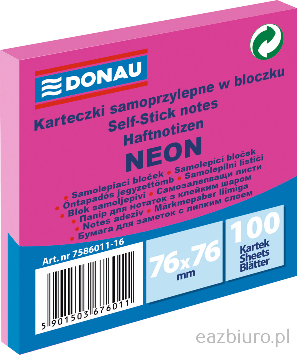 Bloczek samoprzylepny 76 x 76 mm Donau neon różowy 100 kartek | biuroweokazje.pl | Działaj teraz!
