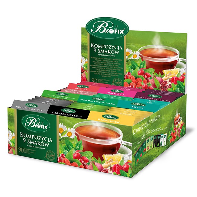 Zestaw herbat ekspresowych bifix, kompozycja 9 smaków (9x10 sztuk) | biuroweokazje.pl | Wybierz najlepsze!