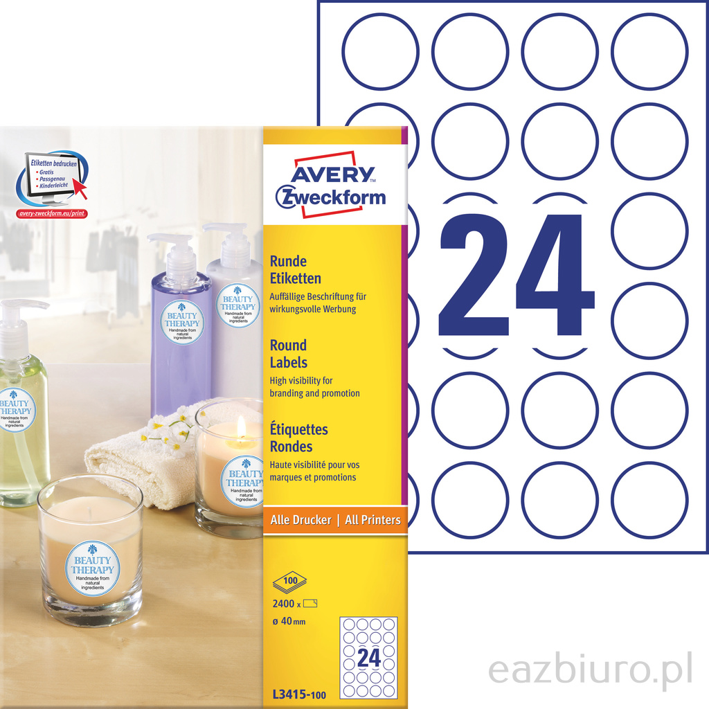 Etykiety okrągłe Avery Zweckform, A4, 100 ark./op., o40 mm, białe, trwałe | biuroweokazje.pl | Dodaj do koszyka!