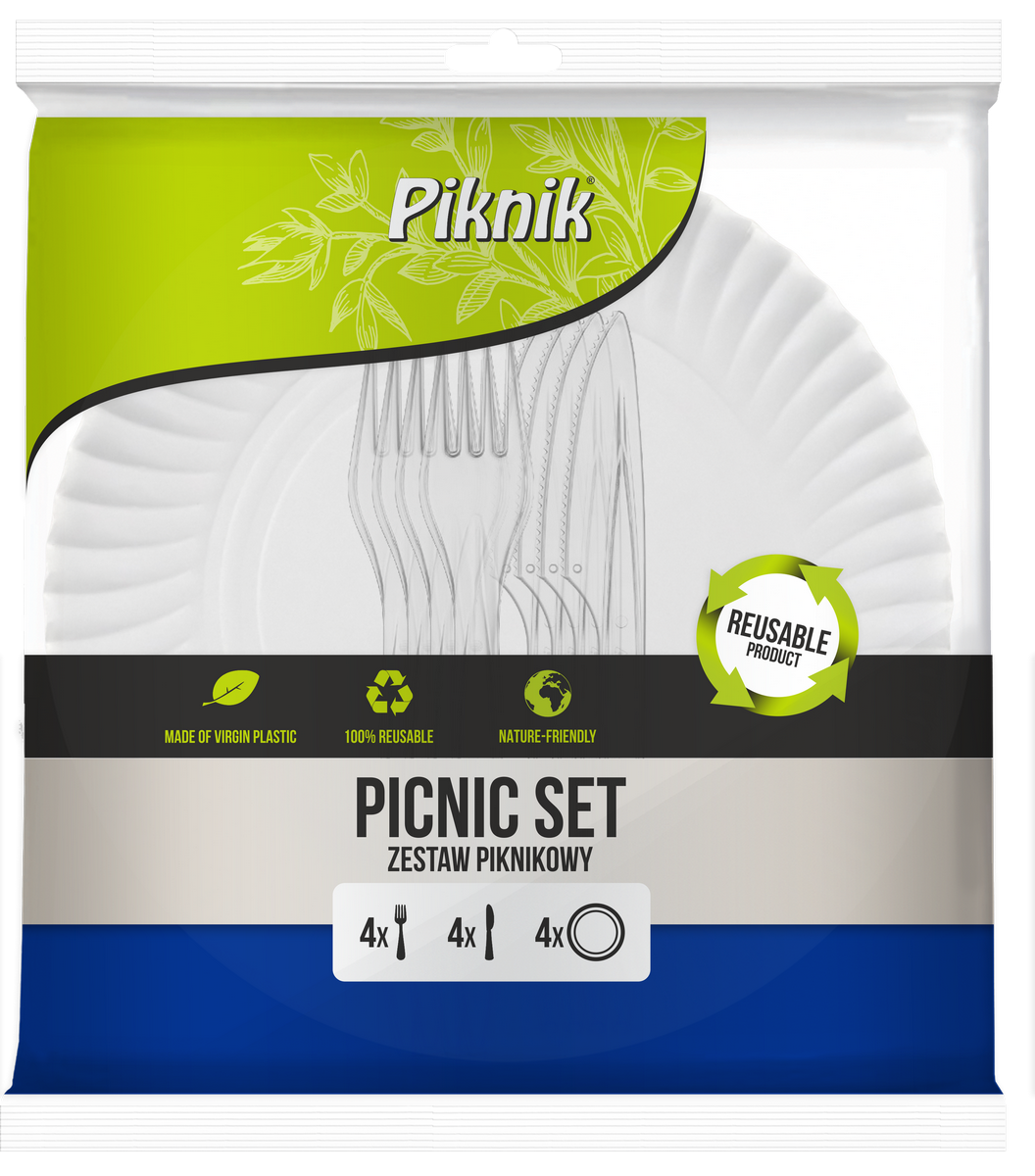 Zestaw piknikowy wielokrotnego użytku 12 sztuk. (4x nóż, 4x widelec, 4x talerz) Piknik | biuroweokazje.pl | Odbierz szybko!