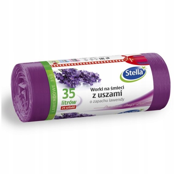 Worki na śmieci z uszami Stella, zapach lawendy, 35 l, zestaw 24 sztuk. | biuroweokazje.pl | Zamów od ręki!
