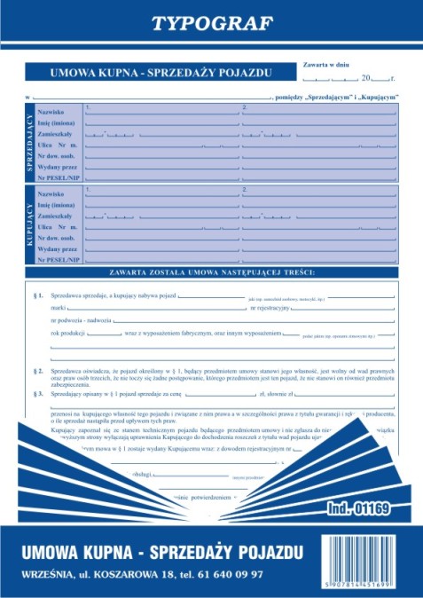 Druk umowa kupna sprzedaży pojazdu Typograf | biuroweokazje.pl | Zamów szybko!