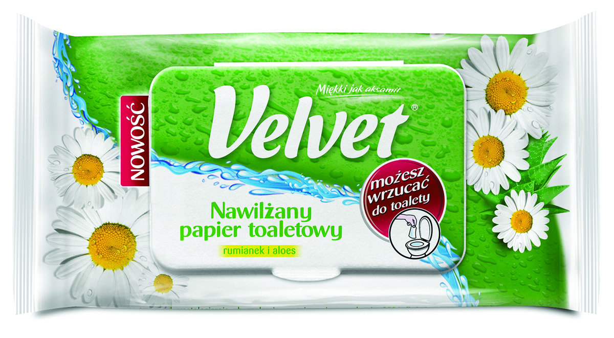 Papier toaletowy celulozowy Velvet rum&aloe, nawilżany, 42 listki, biały | biuroweokazje.pl | Kup taniej!