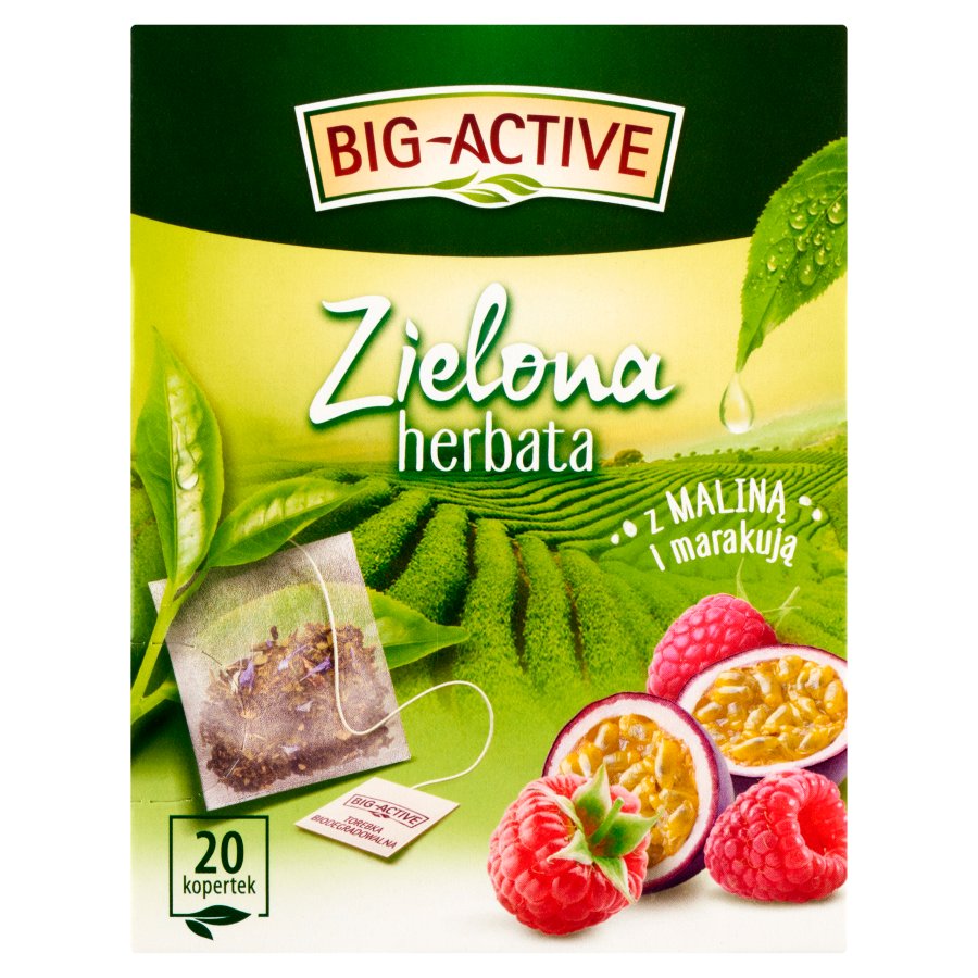 Herbata big active, zielona z maliną i marakują, 20 torebek | biuroweokazje.pl | Zamów korzystnie!