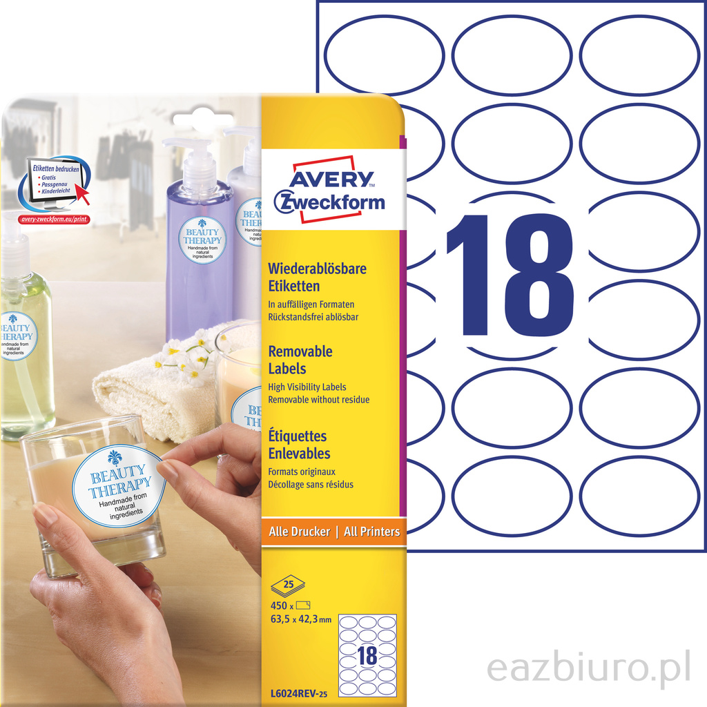 Etykiety owalne Avery Zweckform; A4, 25 ark./op., 63,5 x 42,3 mm, białe, usuwalne | biuroweokazje.pl | Weź zanim zniknie!