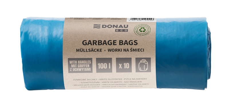 Worki na śmieci DONAU ECO, z uchwytami Knoties, 100 l, zestaw 10 sztuk., niebieskie | biuroweokazje.pl | Weź zanim zniknie!
