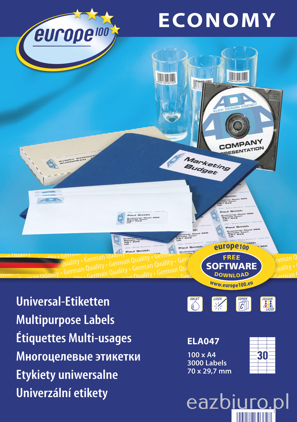 Etykiety A4 70x29,7 mm mm uniwersalne economy europe100 by Avery Zweckform; A4, 100 ark. | biuroweokazje.pl | Odbierz szybko!