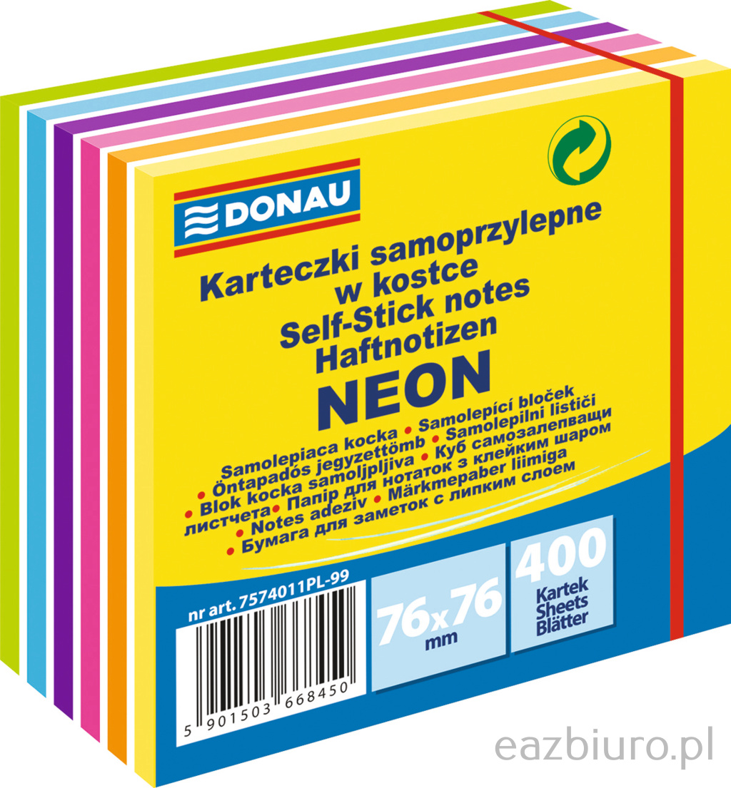 Bloczek samoprzylepny Donau 76 x 76 mm neon mix kolorów 400 kartek | biuroweokazje.pl | Nie czekaj!