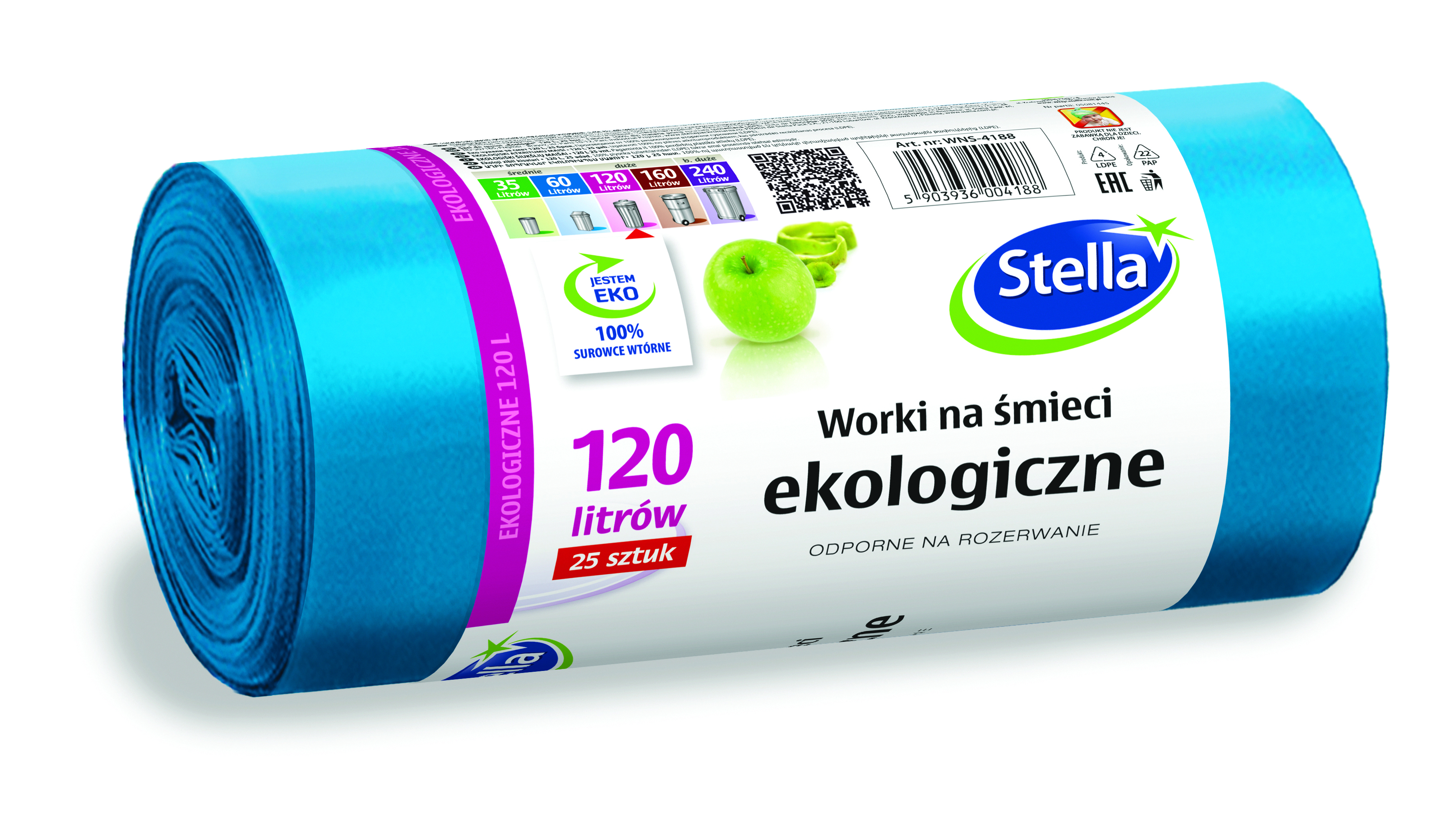 Worki na śmieci Stella, ekologiczne, 120 l, zestaw 25 sztuk., niebieski | biuroweokazje.pl | Kup już teraz!