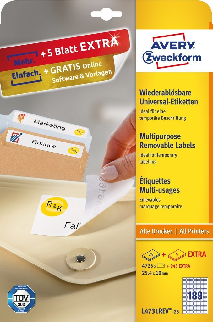Etykiety Avery Zweckform 25,4 x10 usuwalne, zestaw 25 arkuszy + 5 gratis | biuroweokazje.pl | Kup teraz!