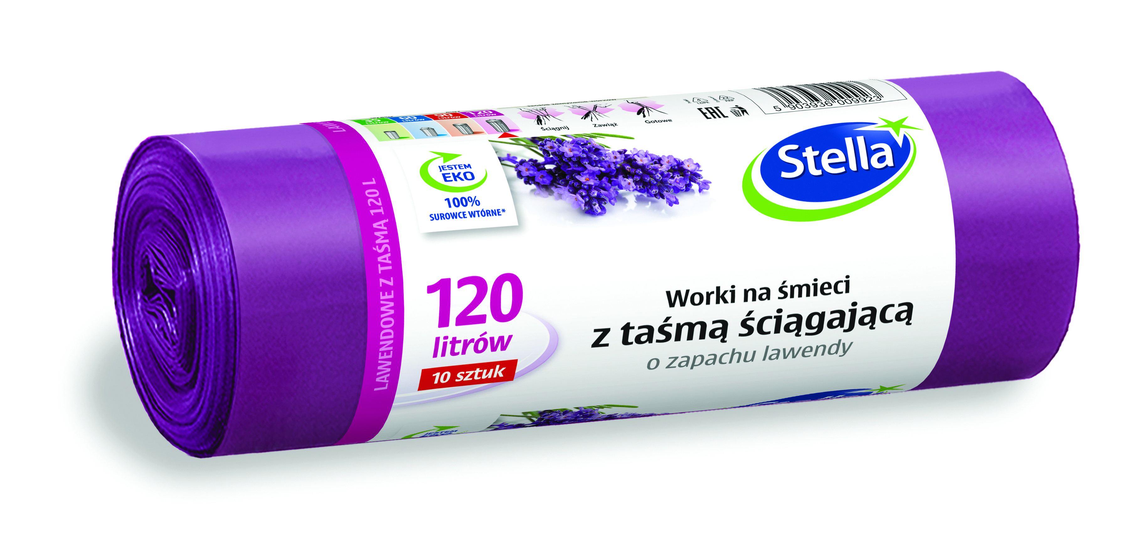Worki na śmieci Stella, z taśmą ściągającą, zapach lawendy, 120 l, zestaw 10 sztuk | biuroweokazje.pl | Wybierz hit!