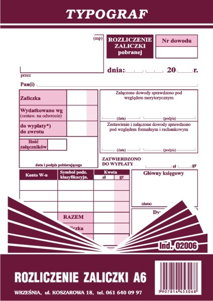 Druk rozliczenie zaliczki Typograf | biuroweokazje.pl | Kup bez wahania!