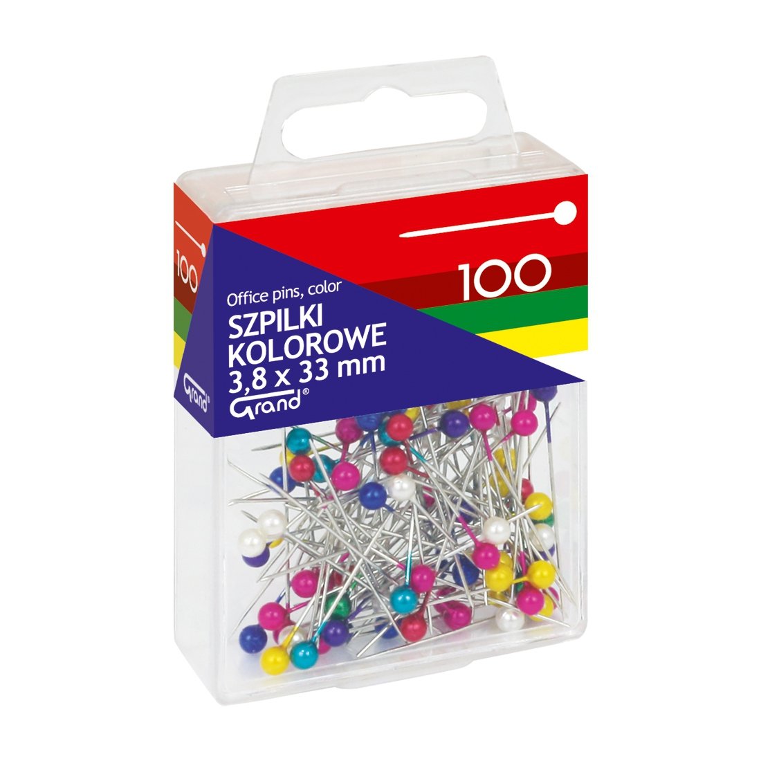 Szpilki kolorowe 3,8 x 33 zestaw 100 sztuk Grand | biuroweokazje.pl | Wybierz i kup!